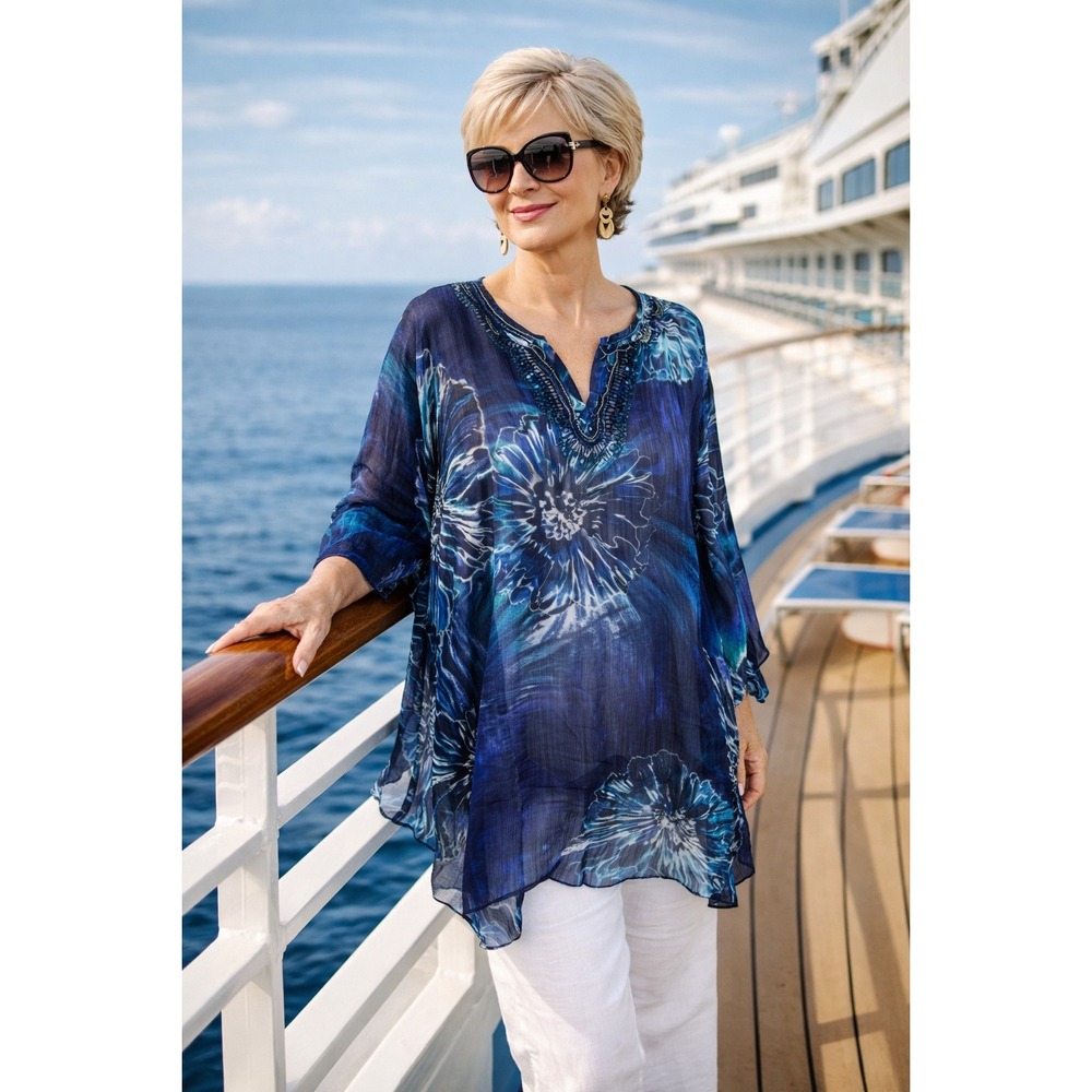 Maggie Barnes Beaded Floral Tunic Blouse Womens Size 4XWP Blue Chiffon Resort